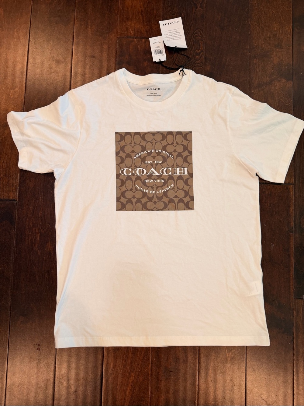 Coach White Short-Sleeve Tee with Brown Signature Square Graphic